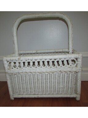 Vintage White Wicker Magazine Record Album Rack